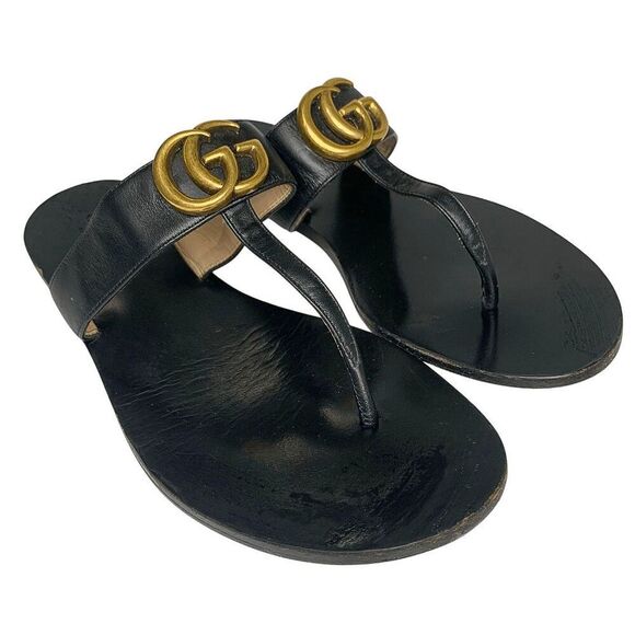 Gucci Marmont GG Thong Sandals EU 37.5 US 7.5 Black Flat Flip Flop Slide - Picture 1 of 10
